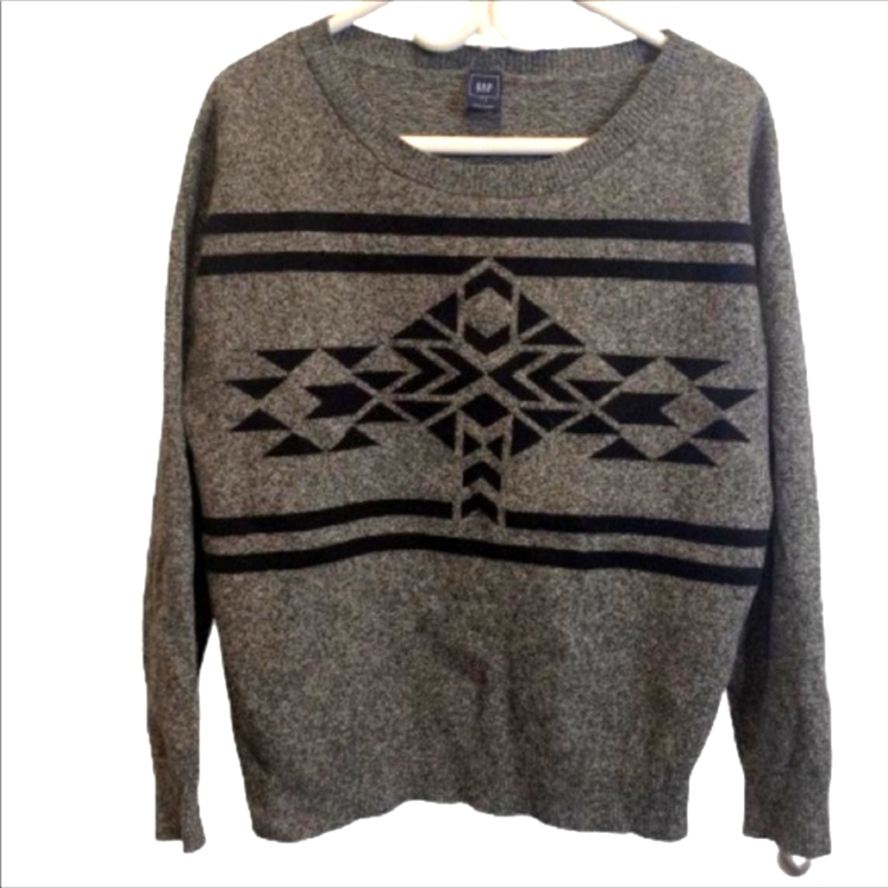 Gap Grey & Black Merino Wool Blend Tribal Aztec Knit Sweater L